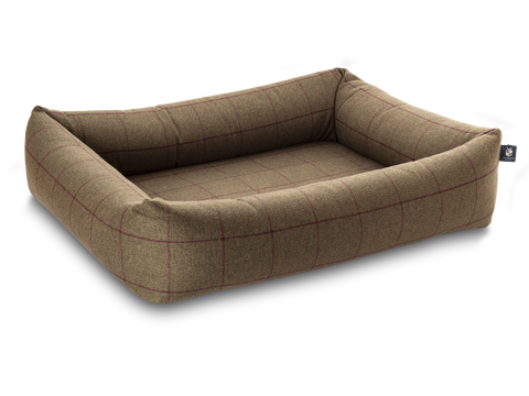 Pet Luxury Bolster Rectangular Dog Bed 3 Sizes in our Avondale in Classic Check: Brown-Burgundy