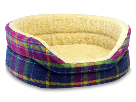 Pet Luxury Snug Oval Dog Bed Extra Small in Avondale Shiba Plaid - Cheerful Pink with Yellow and Green