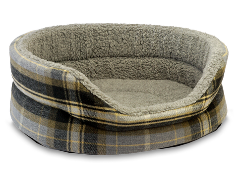 Snug Oval Dog Bed Extra Small in Avondale Beagle Plaid - Calming Grey and Soft Yellow