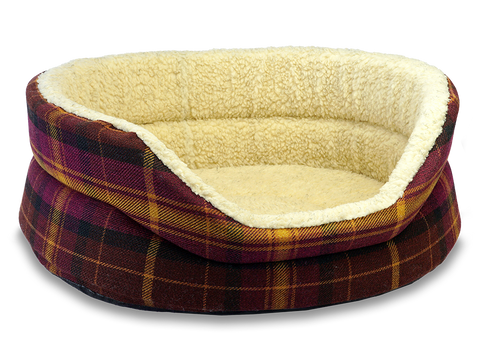 Pet Luxury Snug Oval Dog Bed Extra Small in Avondale Papillion Plaid - Burgundy and Gold