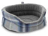 Snug Fleece Lined High Sided Oval Luxury Dog Bed 5 Sizes in Signature Tartan: Blue-Grey-Navy