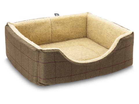 Pet Luxury Haven Square Dog Bed 5 Sizes in our Avondale in Classic Check: Brown-Burgundy