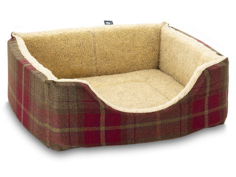 Pet Luxury Haven Square Dog Bed 5 Sizes in our Avondale in Signature Tartan: Brown-Burgundy-Rust