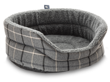 Pet Luxury Snug Oval Dog Bed 6 Sizes in our Avondale Signature Tartan Charcoal-Black-Taupe