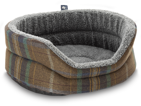 Pet Luxury Snug Oval Dog Bed 6 Sizes in our Avondale Signature Tartan Brown-Burgundy-Rust